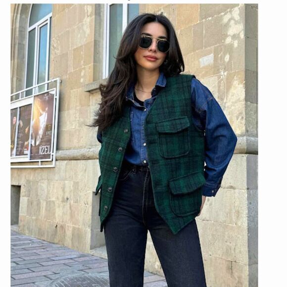 Piombo Hunting Vest Front Button Woman's XXL Green Plaid Front Pockets - Picture 3 of 10